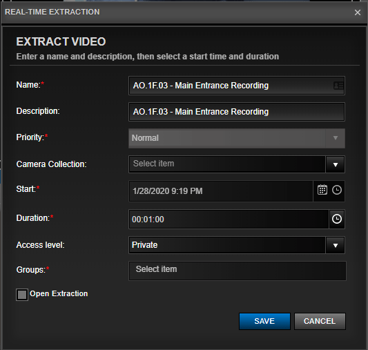 Real-Time Video Extractions Dialog